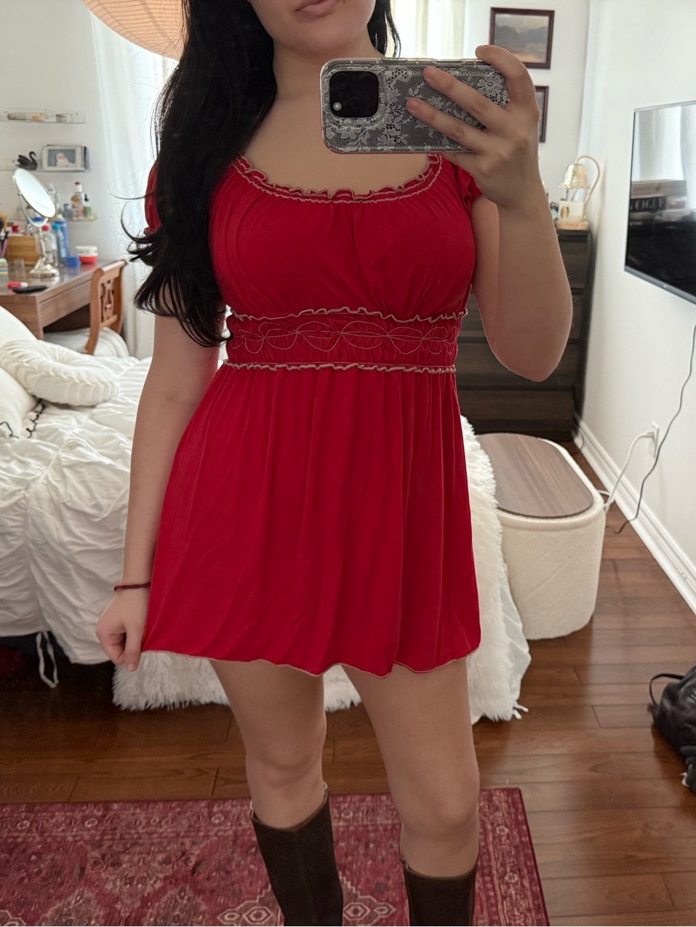 Max Studio Red Smocked Mini Dress with Ruffle Trim
